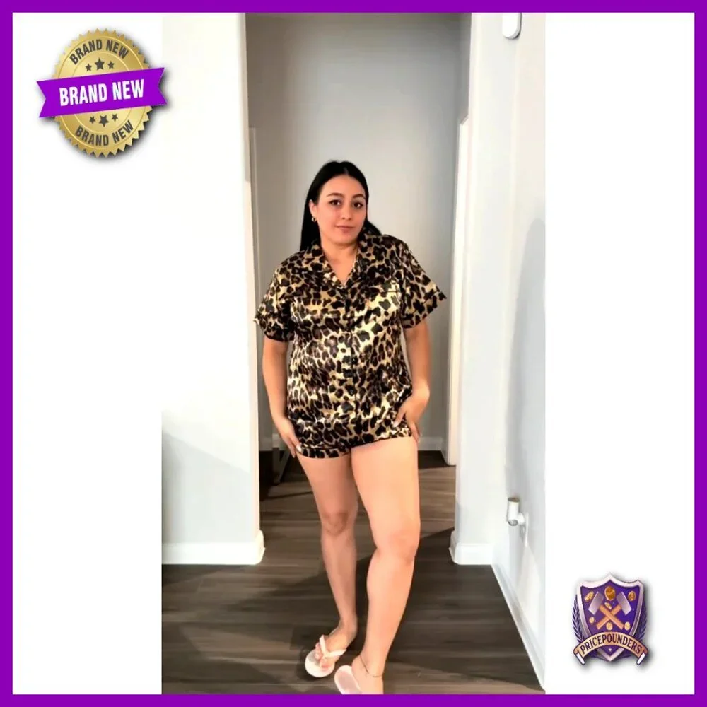 Women's 3 Piece Leopard Print Pajama Set Short Sleeve Button Down Shorts Pants
